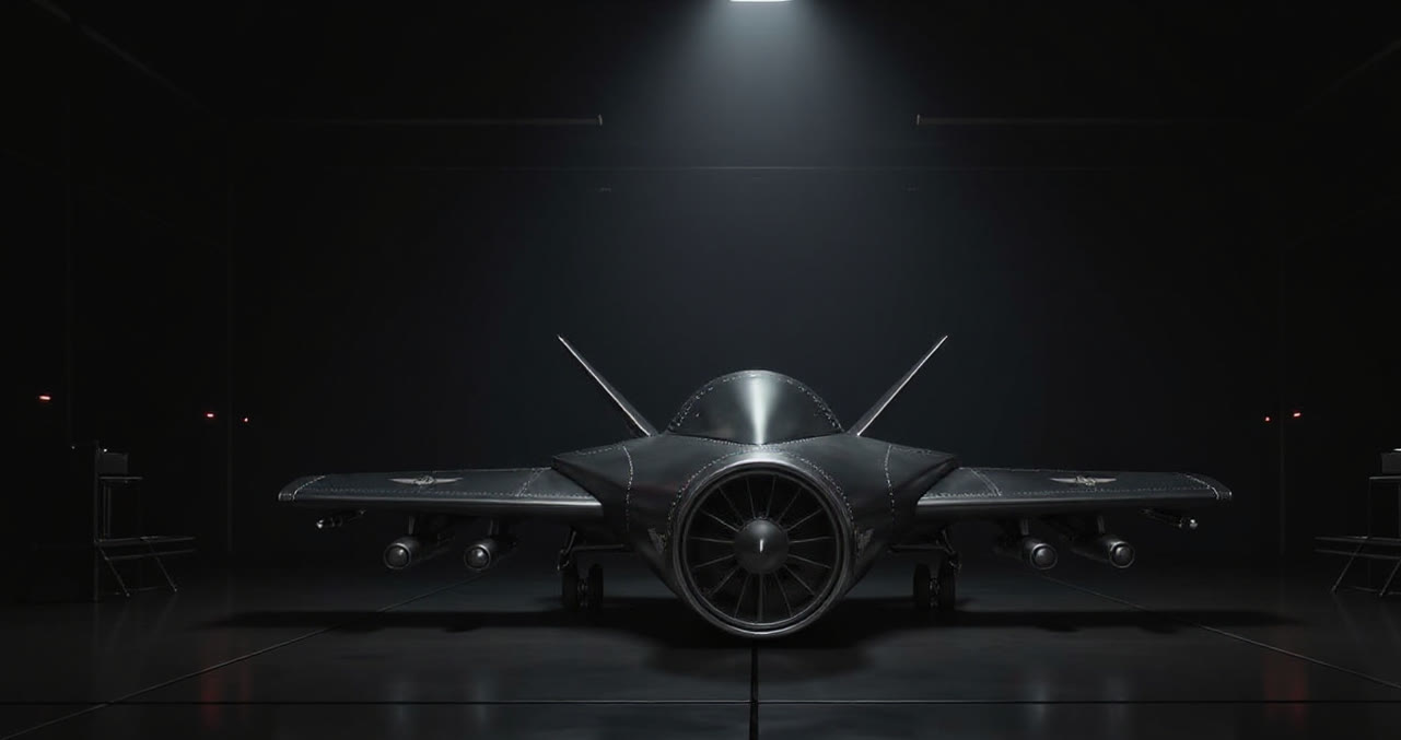 Falcon-M2 interceptor sentinel in a dark hangar under a single overhead light